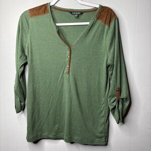 LRL Lauren Jeans Co Ralph L Green 3/4 Roll Tab Sleeve Faux Leather Suede Top L